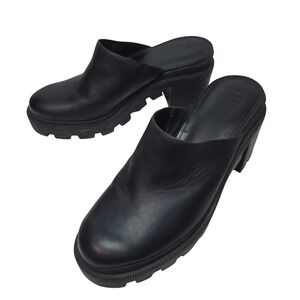 GB Black Leather Chunky Lug Sole Platform Mule Clogs Shoes W's 8.5M Whimsical